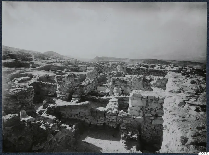 Excavated stone walls and foundations on the Idalion acropolis, with hills beyond.