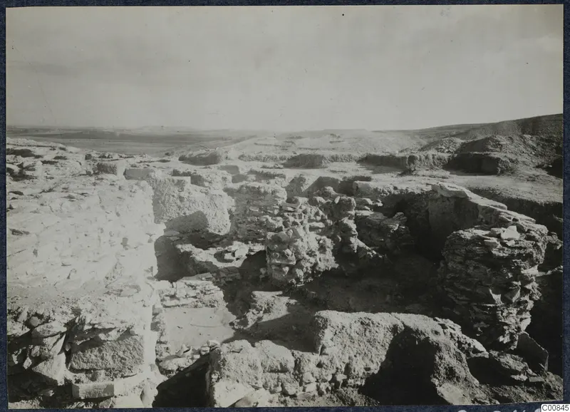 Excavated stone walls and rubble on the Idalion Acropolis, with a plain and hills stretching beyond.