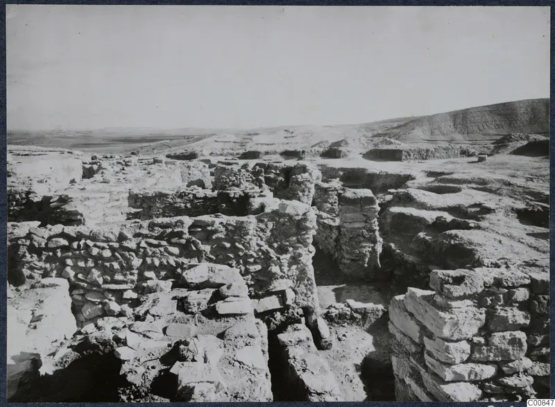 Excavated stone walls on the Acropolis at Idalion, with a bare hill and flat plain behind