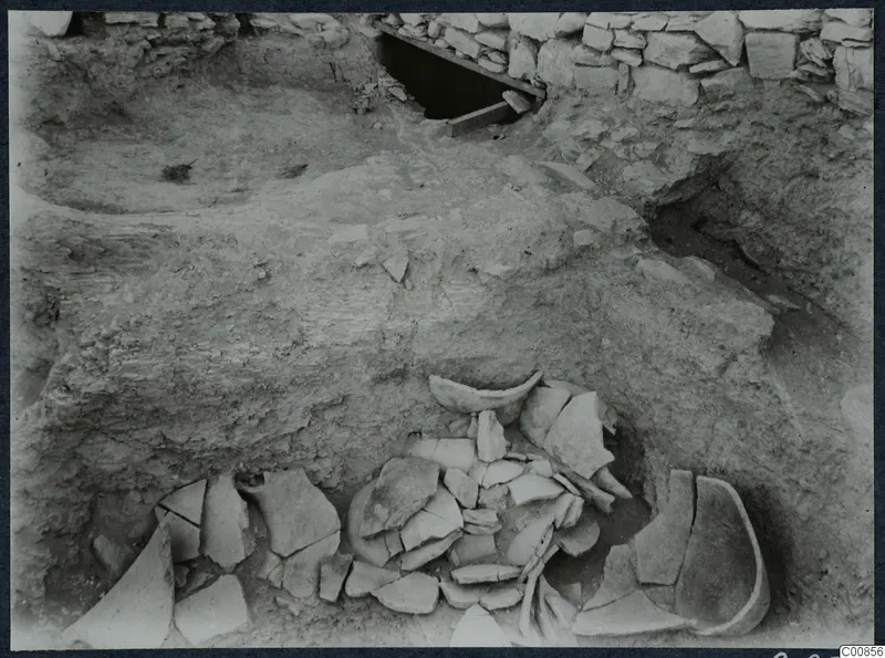 Excavation at Idalion Acropolis with broken pottery sherds lying in the soil beside a stone wall.