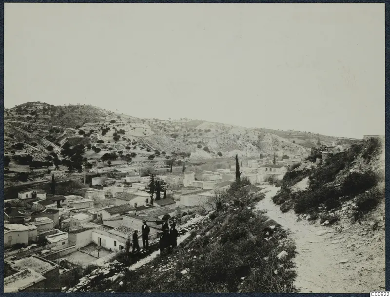 Kalavasos village seen from a slope, with flat-roofed houses, scrubby hills behind and a small group of people standing nearby.