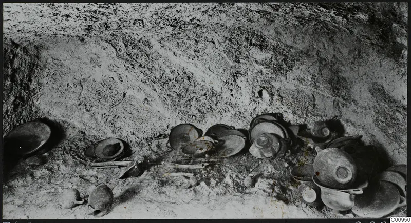 Tomb 428 at Lapithos: pottery vessels and pale bones lying on the floor of a tomb chamber during excavation