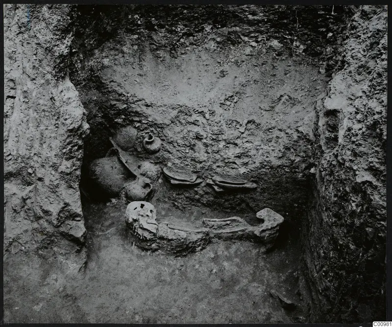 Tomb 602 at Lapithos, interior with a skeleton and pottery vessels in situ