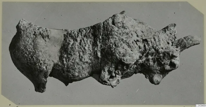 Bone figurine from Idalion: a rough, encrusted object with a rounded head and stubby projections, on a grey backdrop.