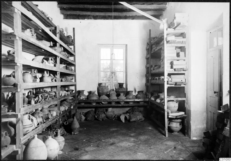 Storeroom at the Swedish Institute at Nicosia, with wooden shelves full of pottery vessels