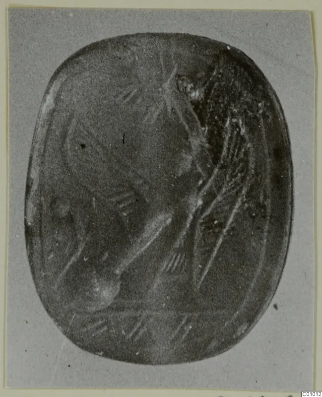 Engraved stone seal photographed face on, showing a pattern of incised lines and a curved form