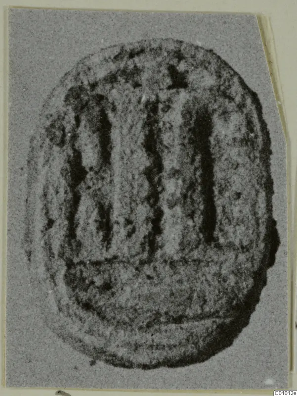 Glyptic: scarab-shaped seal of stone with incised markings, shown in close view