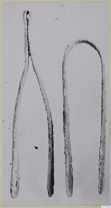 Two bronze tweezers from Tomb 313, Chamber A: one with a looped top and splayed arms, the other bent into an arch.