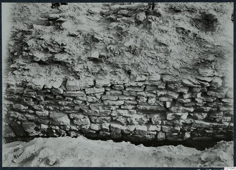 Stone wall of flat stones laid in courses, exposed during excavation at Idalion Acropolis