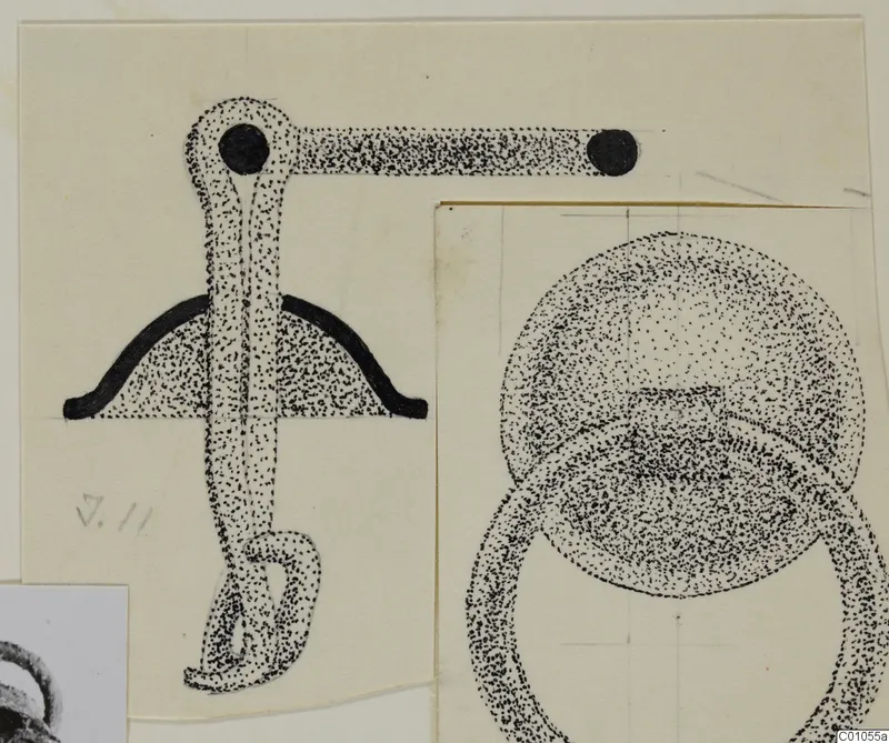 Stippled pen drawing of bronze fittings and fragments, including a hooked loop piece and a large ring-shaped object.