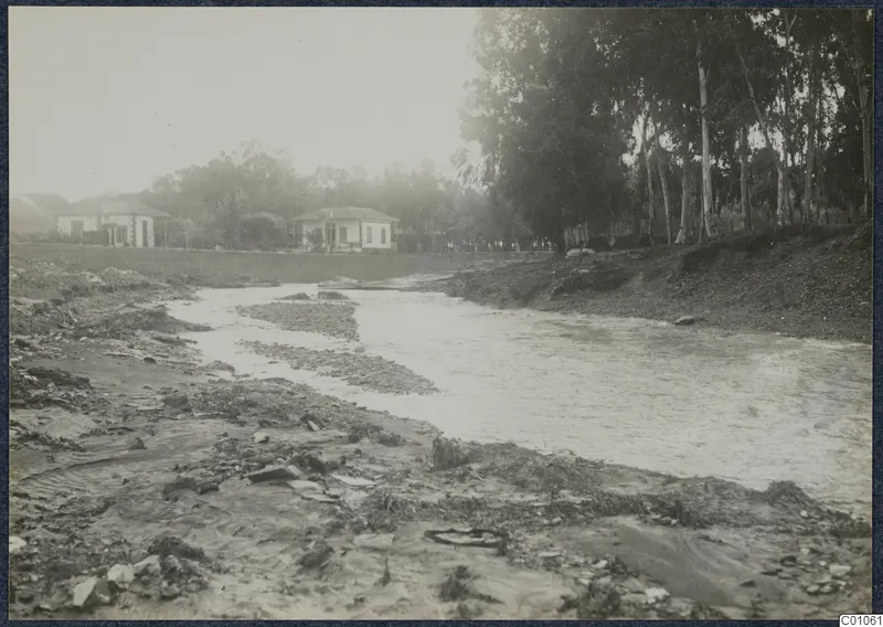 Stream with muddy banks and debris, two white single-storey buildings behind a low wall, and tall trees along the right bank, Nicosia