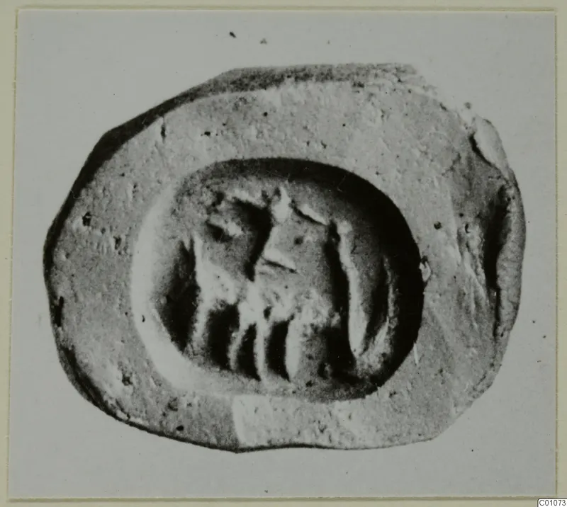 Oval seal impression with a small figure in its recessed central field