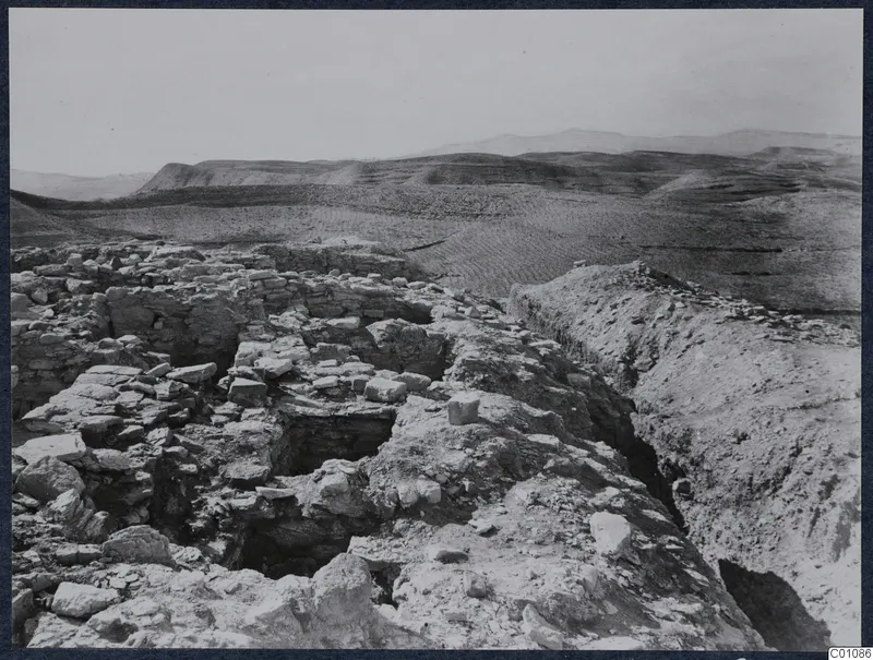 Excavated stone walls and rubble on the Idalion acropolis, with rolling hills beyond.