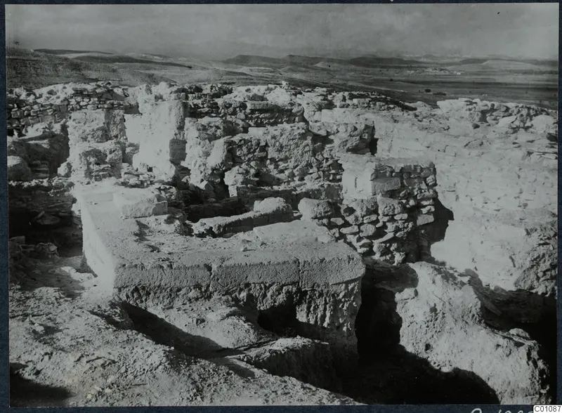 Excavated stone walls and foundations on the Acropolis at Idalion, with hills and a wide valley beyond.