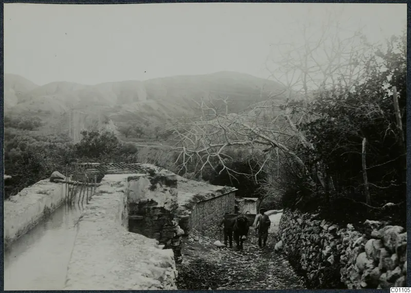 Water channel at Kythrea with two men walking up a stony path behind a laden donkey or mule.