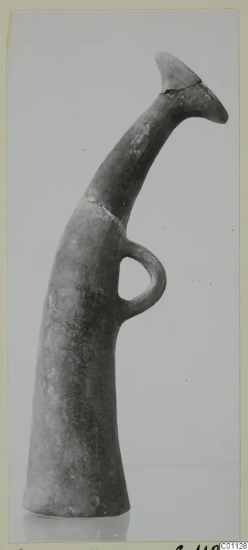 Pottery vessel with a tall, curving neck, flared mouth and loop handle, from the Kastros tombs at Lapithos