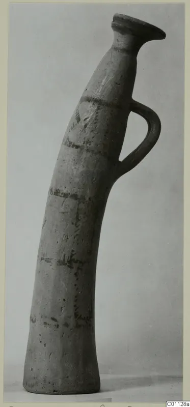 Horn-shaped pottery vessel, White Painted II, with a flaring mouth, one handle and dark painted bands