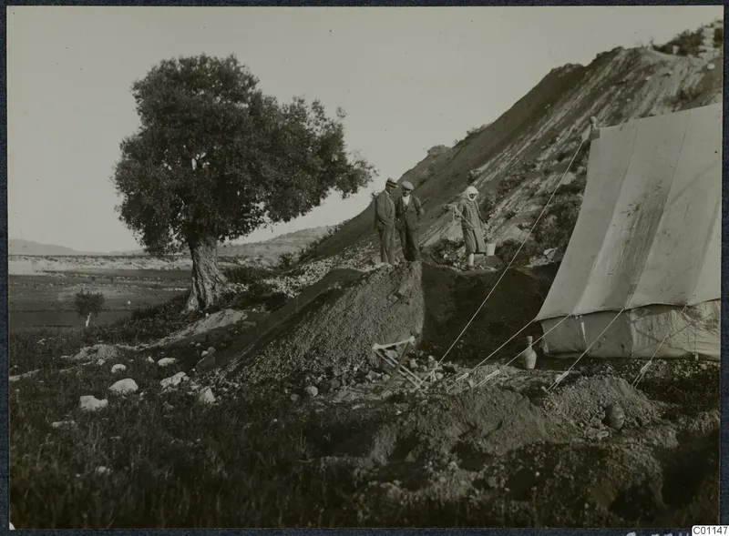 Two men and a woman standing on an excavated mound beside a tent and a large tree at Marion