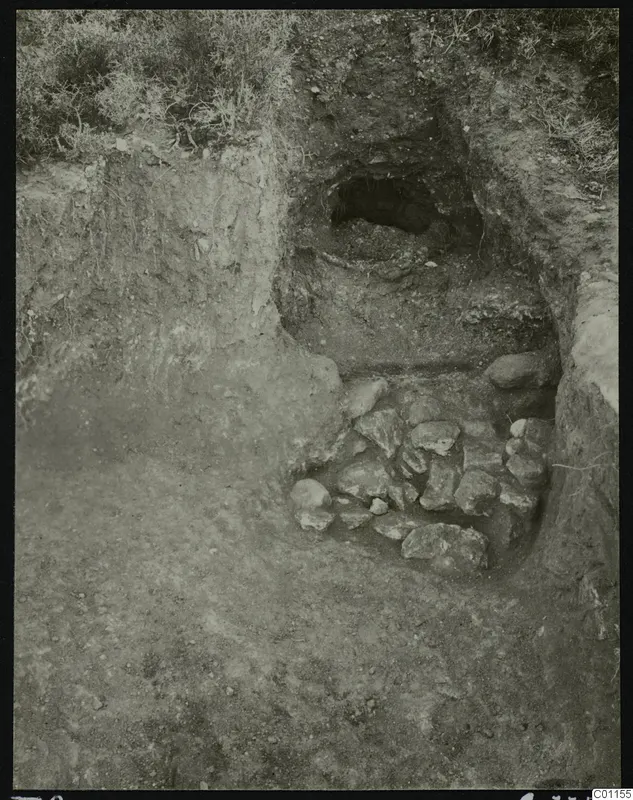 Excavated tomb entrance at Marion with a rubble of stones at its foot and grass on the bank above