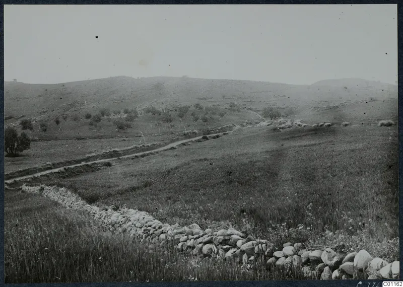 Landscape at Soli with a stone wall in the foreground, a dirt track and rolling hills behind