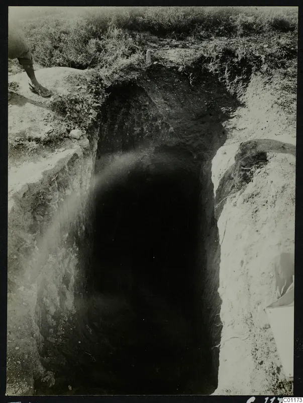Tomb 11 at Marion during excavation, showing a dark opening cut into the ground with grass around the edges