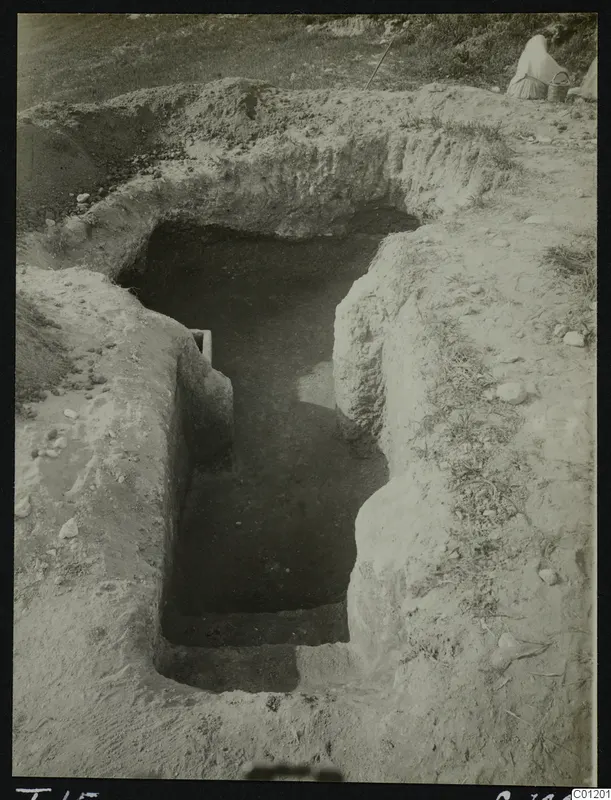 Tomb 15 at Marion: excavated dromos with steps descending between earth banks, a seated person at upper right
