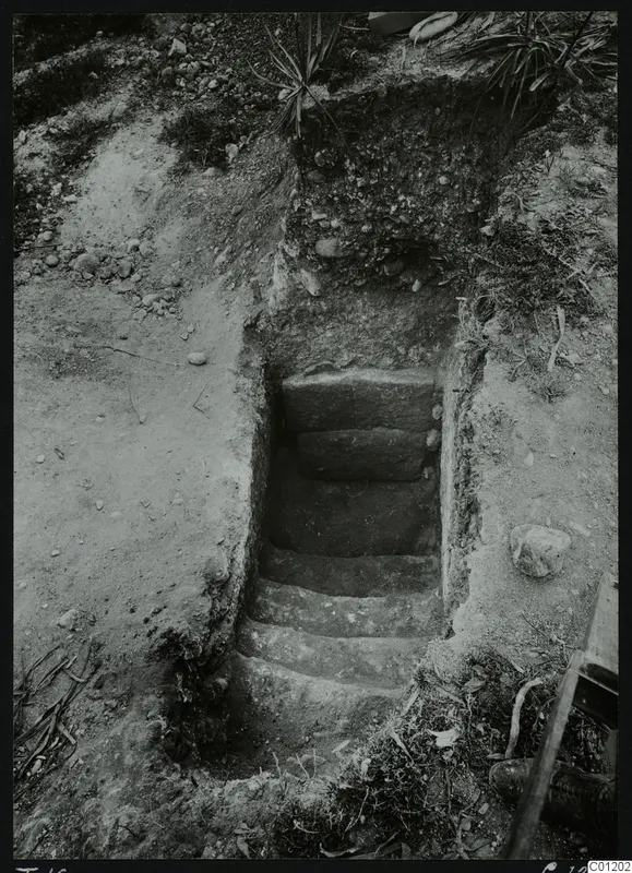Dromos of Tomb 16 at Marion, a stepped passage cut down into the ground toward a tomb entrance.