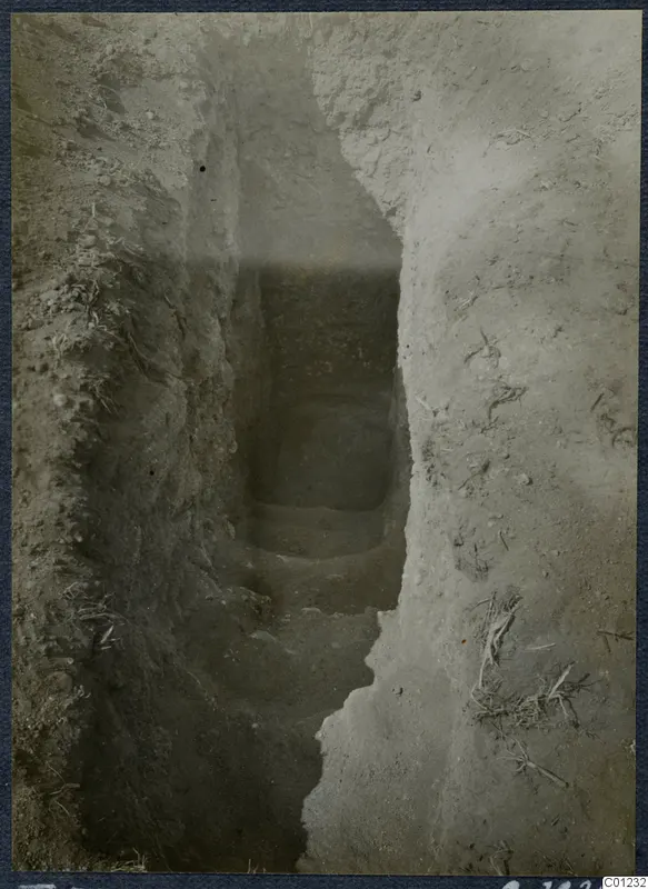 Tomb 51 at Marion: a narrow excavated cutting with stone steps descending toward a dark opening