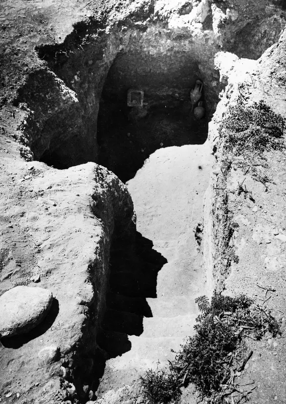Tomb 16 at Marion after excavation, with a stepped dromos leading down to a chamber containing vessels.