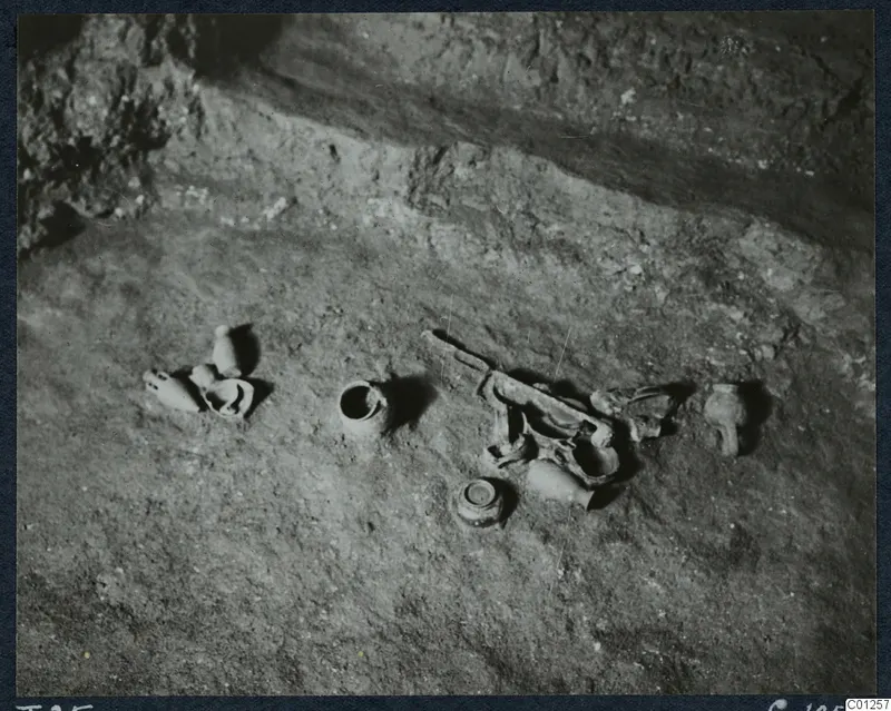 Tomb 25 at Marion during excavation, with small pottery vessels and fragments lying on the rock floor.