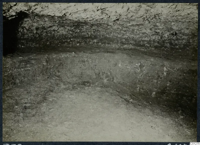 Interior of rock-cut Tomb 33 at Marion during excavation, with rough rock walls and a dusty floor