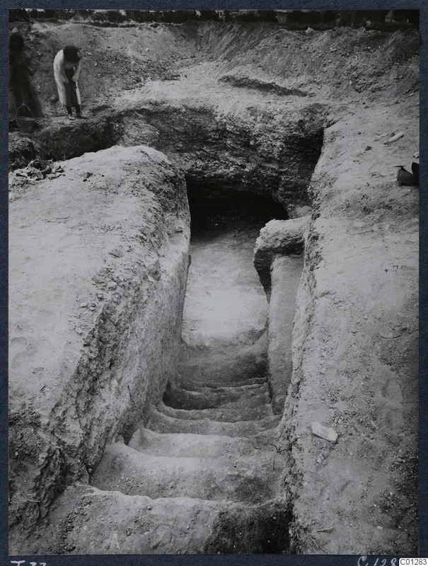 Tomb 37 at Marion: a stepped dromos leading down to the tomb entrance during excavation, with a person at the top.