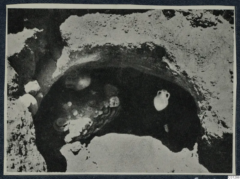 Tomb 59 at Marion during excavation, with objects and stones visible inside the tomb opening.