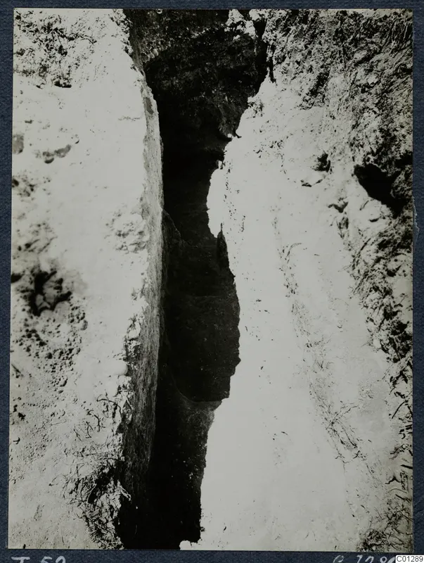 Narrow excavated cutting at Marion, with pale earth walls and a dark deep slot in the middle, during excavation of Tomb 52.