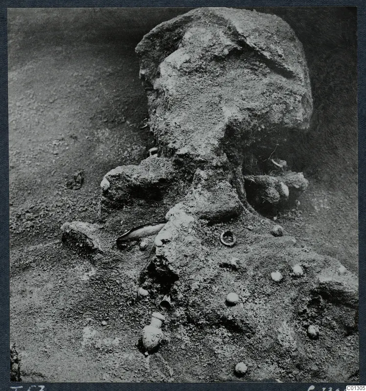 Field photograph of Marion Tomb 57 during excavation, showing a soil-encrusted skull and small finds in place