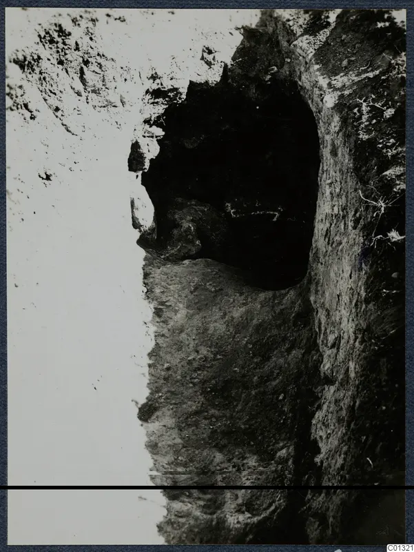 Tomb 76 at Marion: a dark rounded opening cut into an excavated earth face