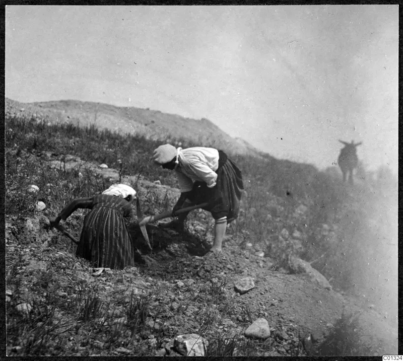 Two people digging with pickaxes into a stony hillside during work at Marion, grave field III