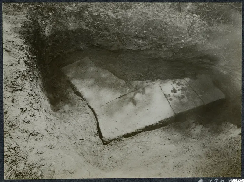 Excavation trench at Marion with large flat stone slabs lying in the pit and grass along the top edge.