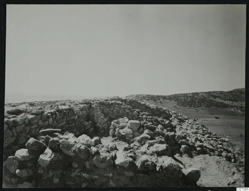 Excavated stone walls at Nitovikla on the Karpas Peninsula, with rubble and a sea view beyond
