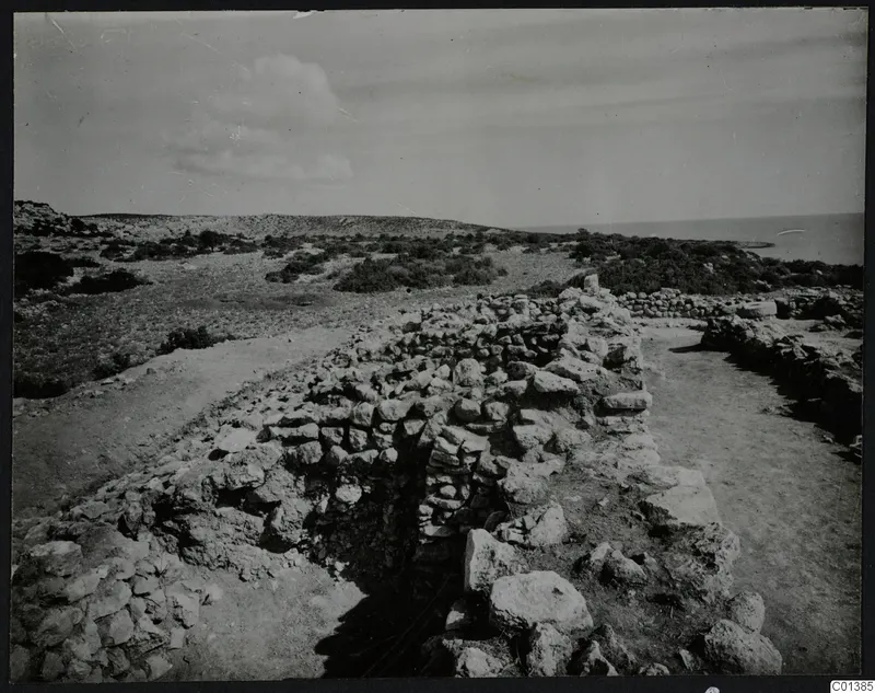 Stone wall foundations at Nitovikla on the Karpas, with low scrub, bare paths and the sea beyond.