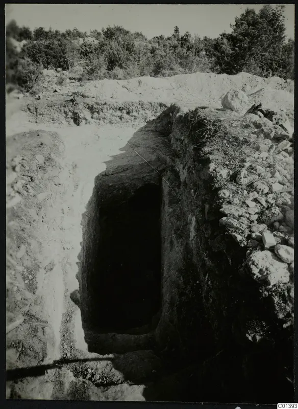 Excavated dromos leading down to a dark tomb entrance at Nitovikla, with stones and scrub behind.