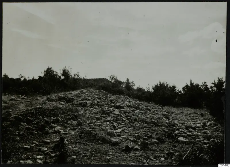 Rocky mound at Nitovikla on the Karpas, covered with loose stones and scrubby bushes under a cloudy sky.