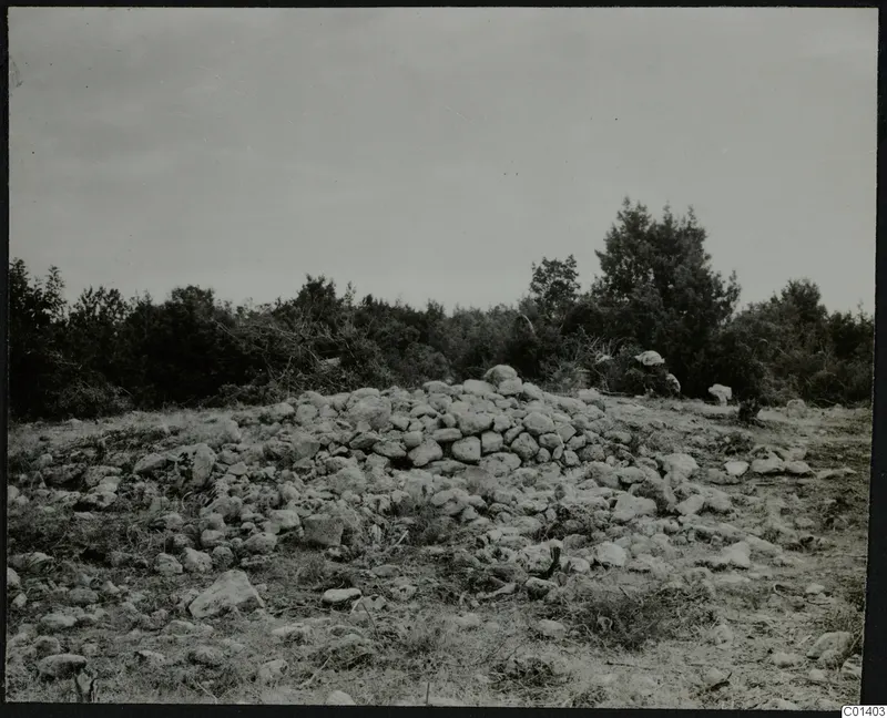 Low mound of piled stones on open ground at Nitovikla, with scrubby trees behind.