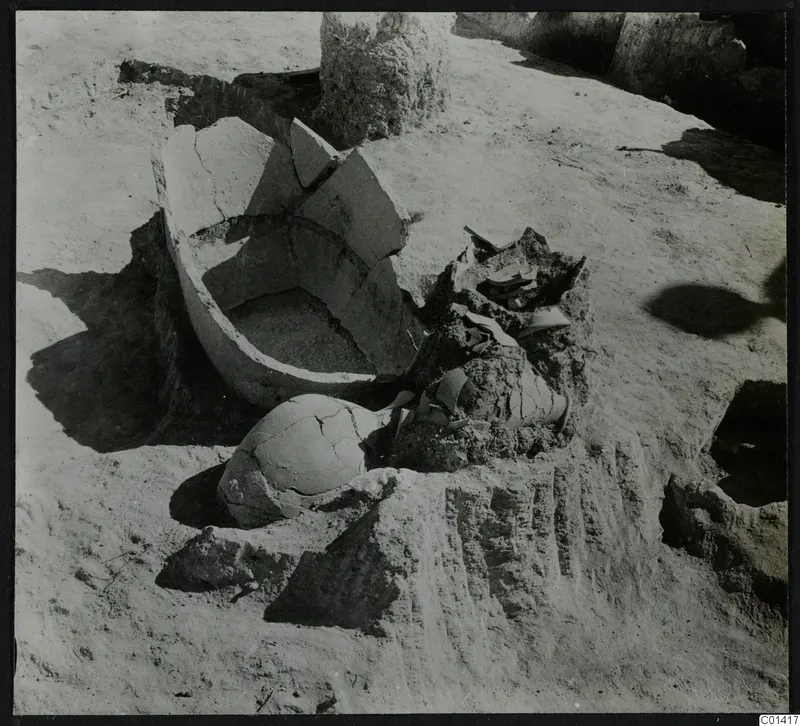 Excavated ground at Ayios Iakovos with a broken clay vessel and scattered sherds in situ