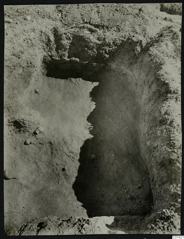 Excavation at Nitovikla, a rectangular cut in the soil with stones visible around its edges