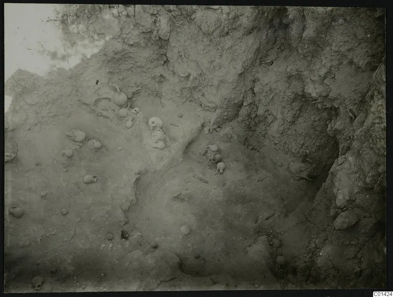 Excavation at Nitovikla with small vessels and stones lying in situ on a pale sloping surface