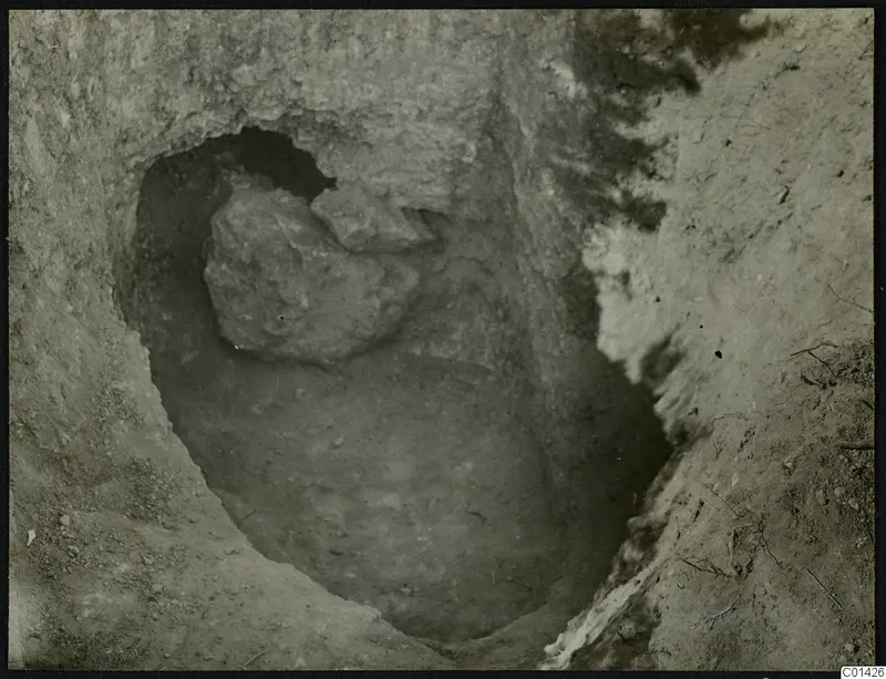 Excavation pit with a large stone lying in its upper part and tree roots at the edge, Kountoura Trachonia.
