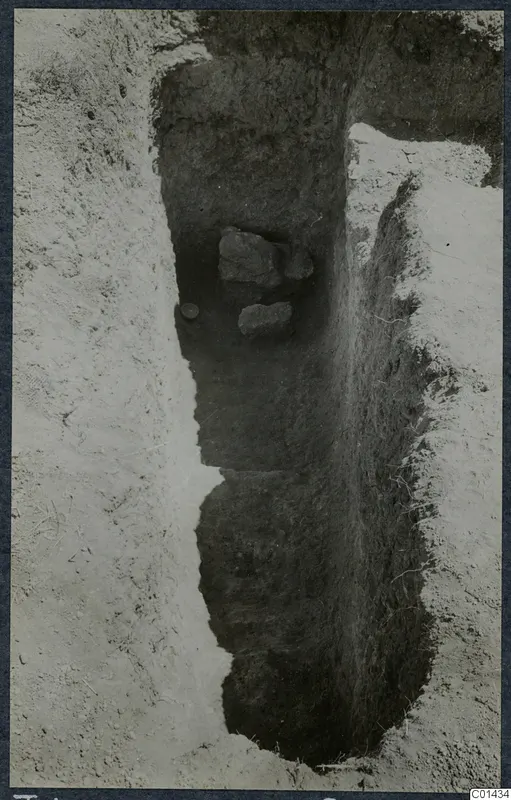 Excavation trench in pale soil with dark cut walls and a few stones lying in a recess, during excavation at Ayios Iakovos.
