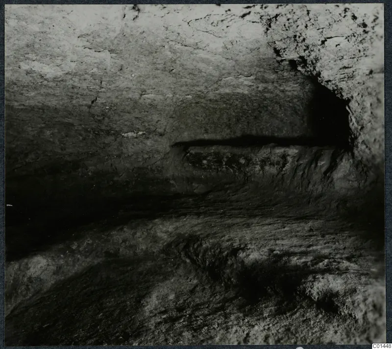 Interior of Tomb 14 at Ayios Iakovos, showing rough-cut rock walls, a low ledge and a dark recess