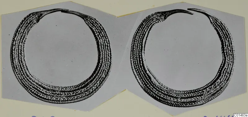 Two views of a ring of several twisted strands, one end tapering to a point, mounted side by side on a grey card